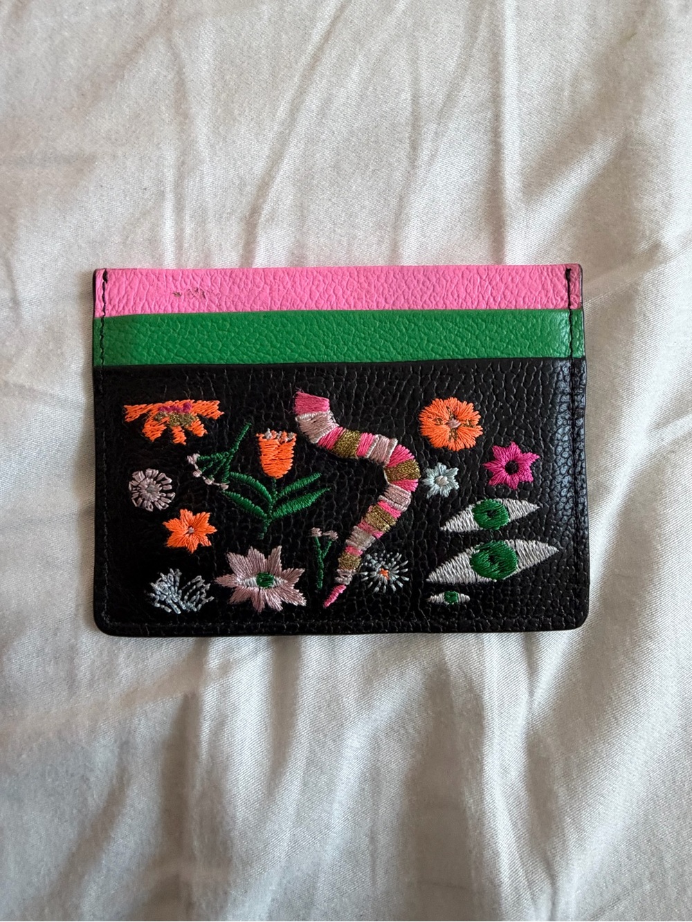 Min & Mon Embroidered Floral Snake Black Leather Card Holder w/ Pink and Green